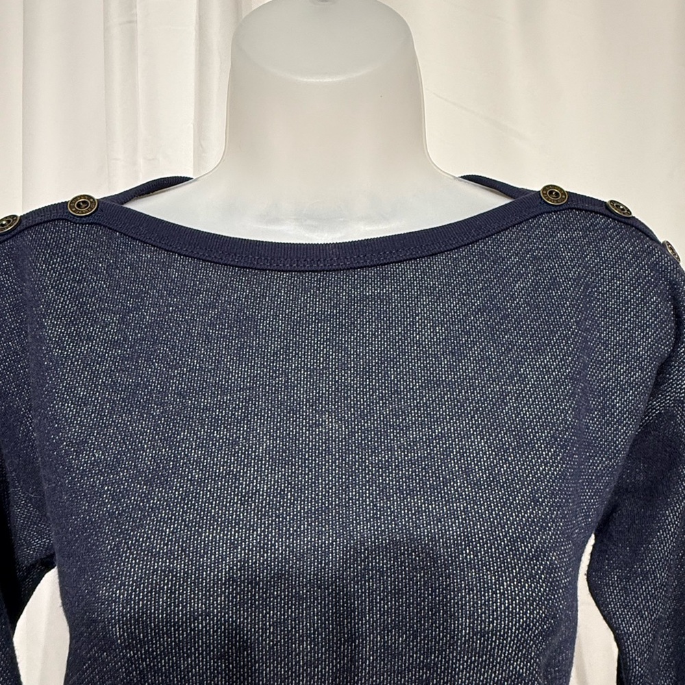 NEW LRL Blue Cotton Blend Stretch French Terry 3/4 Sleeve Pullover sweater PXS - Picture 3 of 8